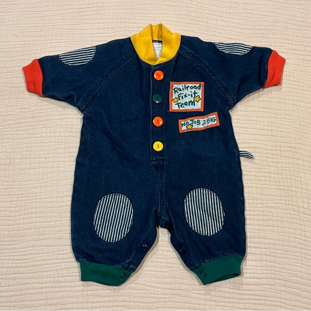 Vintage 90s Hopscotch Denim Romper Primary Colors Jumpsuit 0-6 Months Railroad